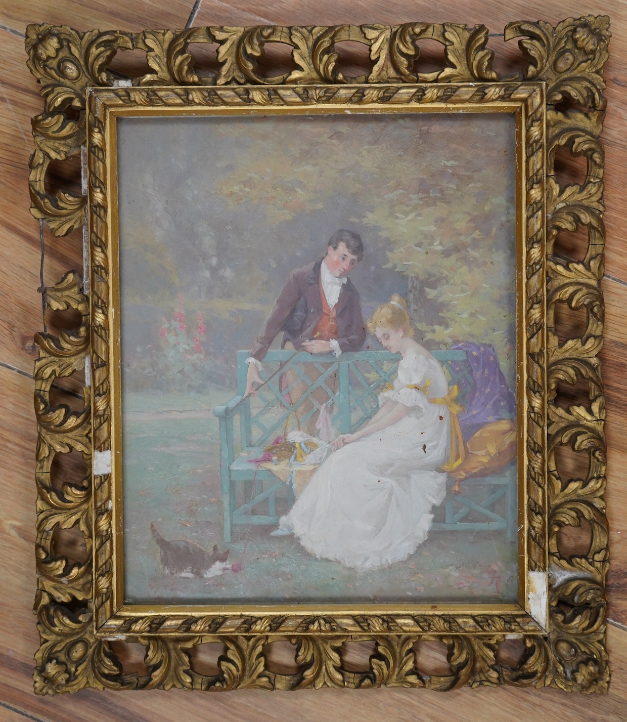 Monog, oil, 'What Will she Say', monogrammed, 24.5 x 19cm, ornate gilt framed. Condition - fair, losses to the frame